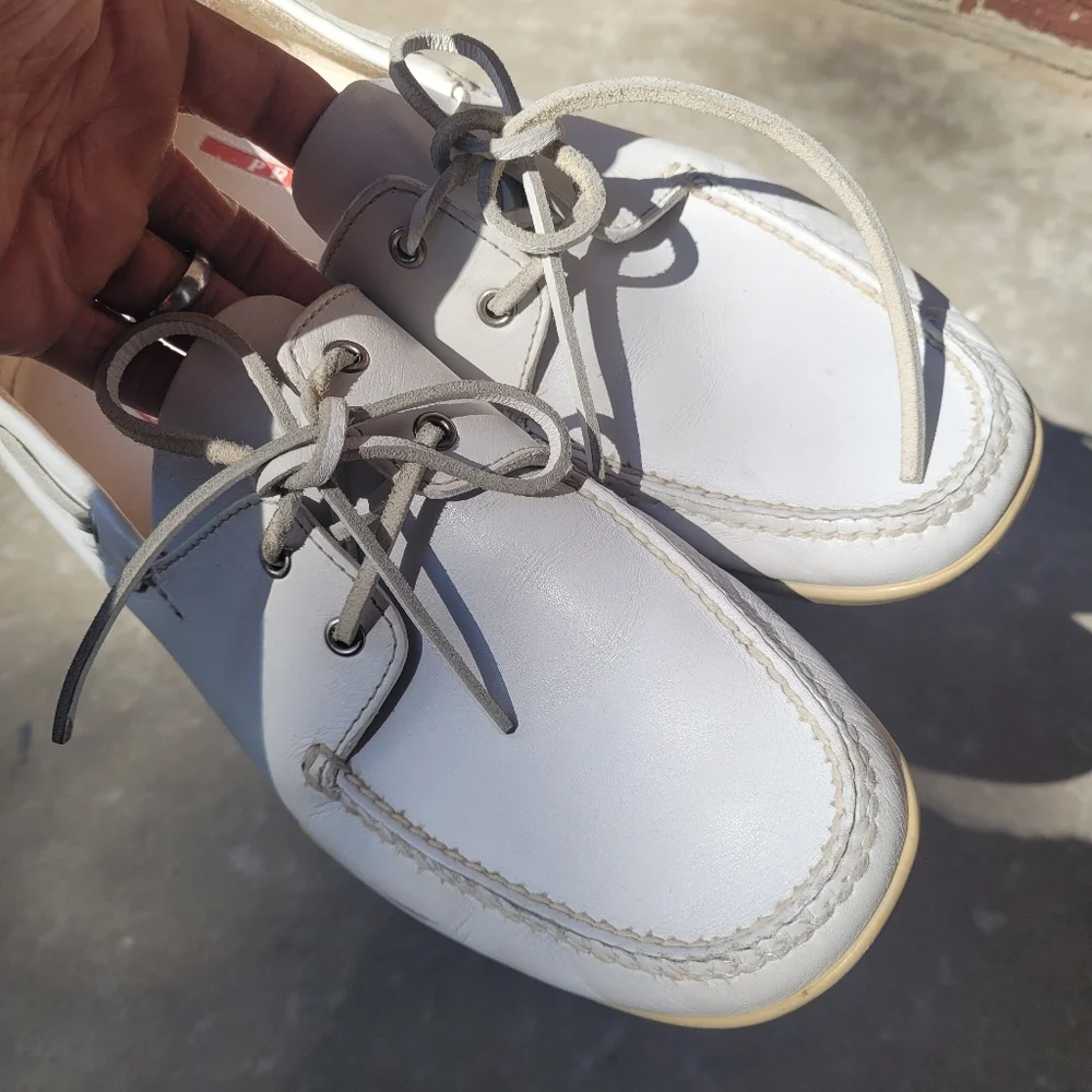 Prada White Leather Boat Shoes